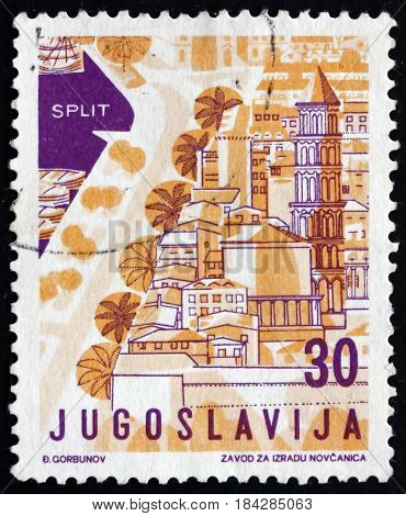 YUGOSLAVIA - CIRCA 1959: a stamp printed in Yugoslavia shows Split Croatia Tourist Attractions circa 1959