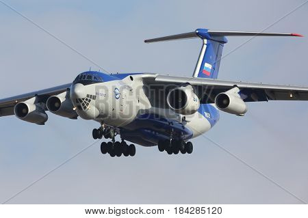 ZHUKOVSKY, MOSCOW REGION, RUSSIA - MARCH 15, 2017: Ilyushin IL-76LL 76529 flying testbed with new PD-14 engine landing at Zhukovsky - Ramenskoe airport.