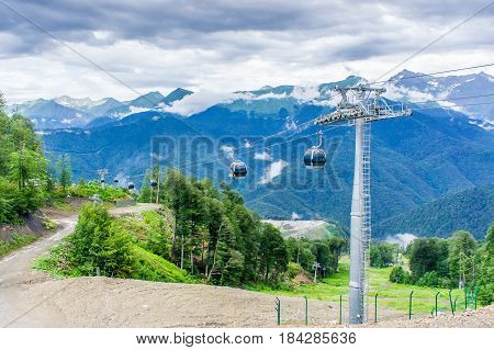 Cableway in the mountains.Beautiful Mountain View. RussiaSochiKrasnaya Poliana.