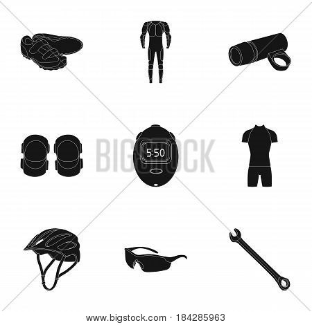 Icons of Cycling, bike. Set for bike, backpack protection, repair, form. Cyclist outfit icon in set collection on black style vector symbol stock web illustration.