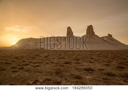 Sunset in the desert canyon of Boszhira, chines of Ustyurt, Kazakhstan