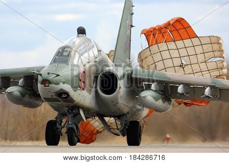 KUBINKA, MOSCOW REGION, RUSSIA - APRIL 21, 2017: Sukhoi Su-25UB attack airplane of Russian air force during Victory Day parade rehearsal at Kubinka air force base.
