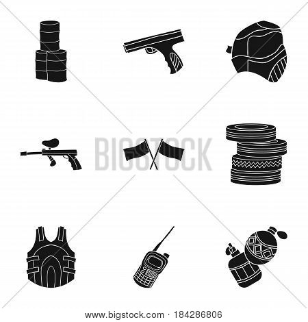 A collection of pictures about the game in paintball. The balloons with paint.Paintball icon in set collection on black style vector symbol stock web illustration.