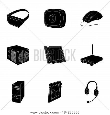 Computer accessories. Headphones, computer parts, accessories.Personal computer icon in set collection on black style vector symbol stock web illustration.