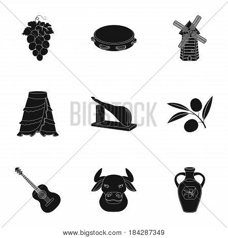 A set of pictures about Spain. Sights of Spain, gypsies, guitar, dances.Spain country icon in set collection on black style vector symbol stock web illustration.