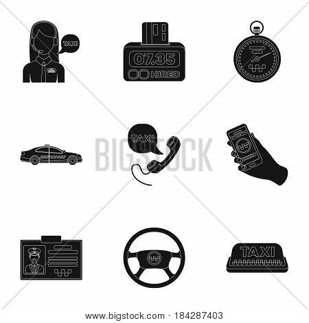 Set of icons about the taxi. A call taxi driver, Parking. Transportation around the city.Taxi icon in set collection on black style vector symbol stock web illustration.