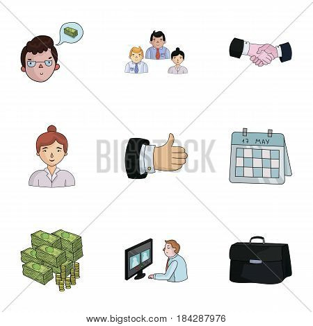 A set of pictures about the transaction, work, office. Office center, analytics.Business conference and ntgotiations icon in set collection on cartoon style vector symbol stock web illustration.