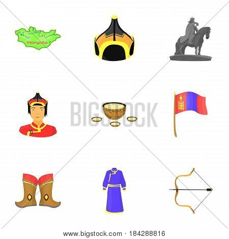 Mongolian national characteristics. Icons set about Mongolia.Clothing, soldiers, equipment. Mongolia icon in set collection on cartoon style vector symbol stock web illustration.