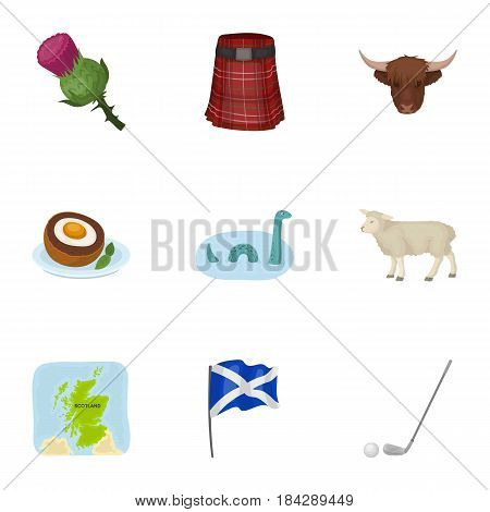 National symbols of Scotland. Scottish attractions. Scotland country icon in set collection on cartoon style vector symbol stock web illustration.