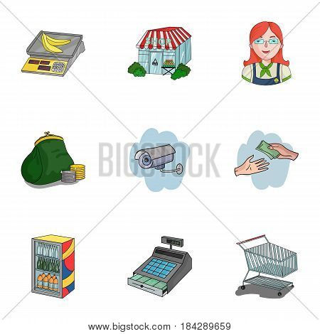 Supermarket, shopping in the store. A selection of pictures on the topic of shopping.Supermarket icon in set collection on cartoon style vector symbol stock web illustration.
