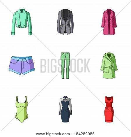 Collection of icons of womens clothing. Various women's clothes for work, walking, sports. Women clothing icon in set collection on cartoon style vector symbol stock web illustration.