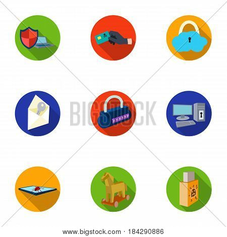 A selection of icons about protection and breaking. Modern technology of protection against breaking. Hackers and hacking icon in set collection on flat style vector symbol stock web illustration.