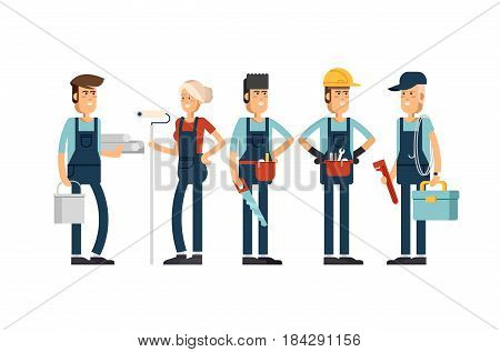Construction team characters such as painter, electrician, carpenter, plumber, engineer. Group of construction workers building a house and friendly smiling. Civil engineer, architect