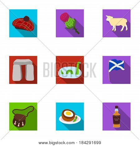 National symbols of Scotland. Scottish attractions. Scotland country icon in set collection on flat style vector symbol stock web illustration.