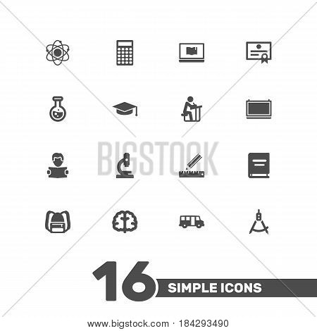Set Of 16 Science Icons Set.Collection Of Rucksack, Microbiology, Student And Other Elements.