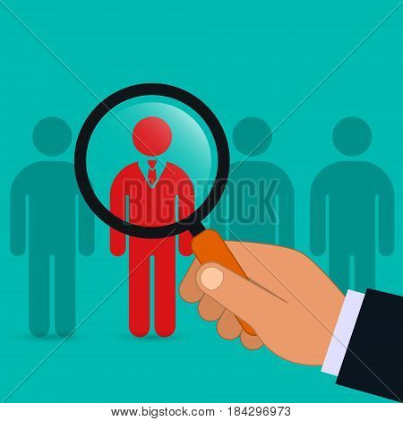 Hand holding magnifying glass for search a creative man emploee. Recruitment or selection concept. Vector illustration.