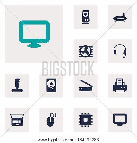 Set Of 12 Computer Icons Set.Collection Of Hard Disk, Microprocessor, Amplifier And Other Elements.