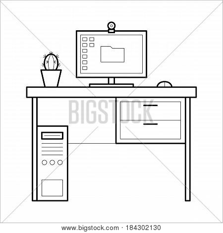 Computer desk in thin line. Workplace with table and monitor. Element of office furniture. Flat vector icon in simple outline style. Black linear illustration isolated on white background.