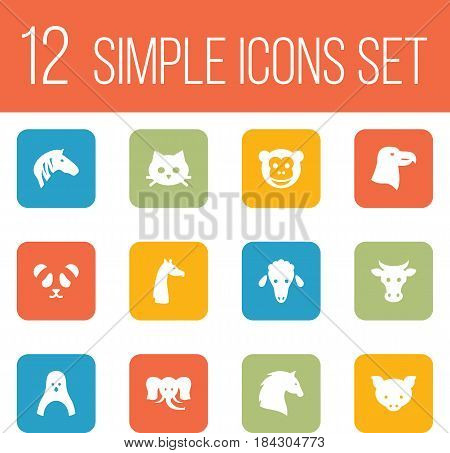 Set Of 12 Beast Icons Set.Collection Of Kine, Hog, Lamb And Other Elements.