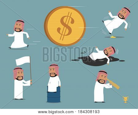 Failed arab businessman character set. Frustrated businessman sitting on oil tank, running away, bankrupt with white flag, fallen down into oil puddle, slipped on banana. Failure, bankruptcy design