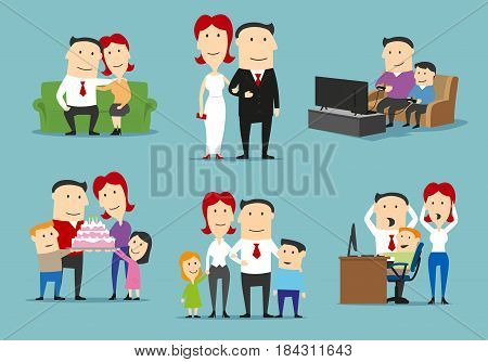 Family in different life stages cartoon set. Loving couple spending time together, father, mother, son and daughter celebrating birthday with cake, playing video games. Family development design