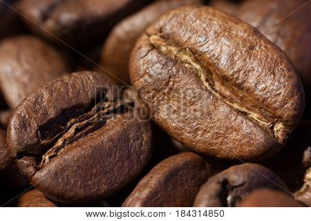 Brown roasted coffee beans close-up macro view natural food background selective focue shallow depth of field.
