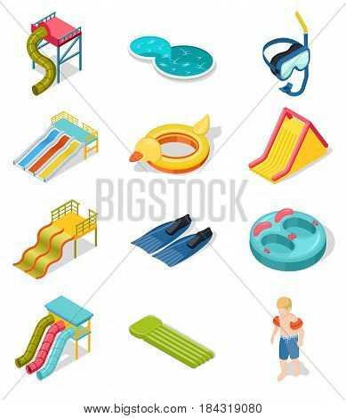 Colored and isolated aqua park isometric icon set with elements of place of entertainment vector illustration