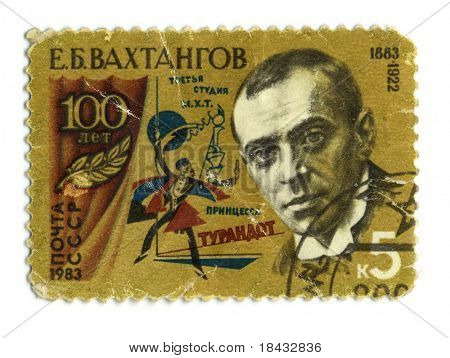 URSS - por volta de 1983: An URSS usado selo postal mostrando o retrato de Yevgeny Bagrationovich Vakhtangov,
