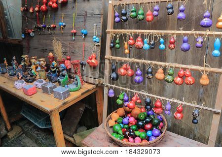 YANGSHOU CHINA - NOVEMBER 19, 2016: Traditional handicraft shop in Xingping old street. Xingping is a historical fishing village near Li river.