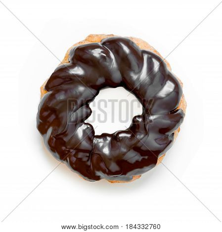 Chocolate donut or doughnut French cruller style isolated on white.
