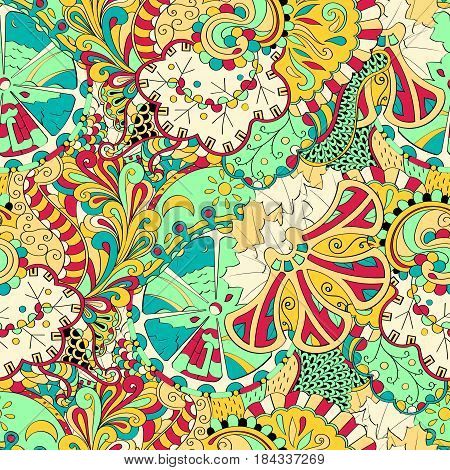 Tracery Seamless Calming Pattern. Mehendi Design. Ethnic Colorful Harmonious Doodle Texture. Indiffe