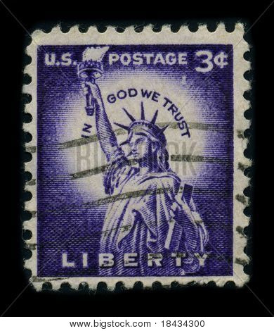 USA - cca 1954: Razítko věnované Socha svobody je kolosální neoklasicistní sculptur