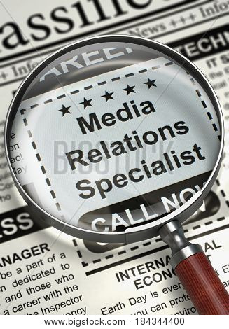 Media Relations Specialist. Newspaper with the Searching Job. Media Relations Specialist - CloseUp View Of A Classifieds Through Magnifier. Job Search Concept. Blurred Image. 3D.