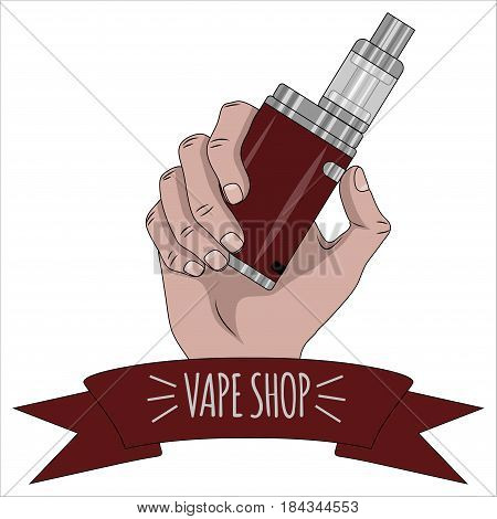 Hand with a vape on a white background and ribbon.