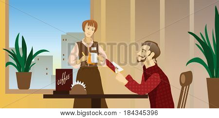 Detailed character people in the restaurant, canteen catering service for public and personnel restaurant, restaurant waiter serves guests