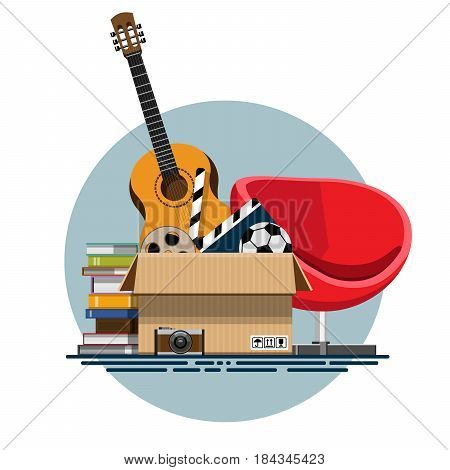 Illustration of a cardboard box with old things in a flat style. Box with old stuff vector. Guitar, armchair, photo albums, photo camera, a drum with a film, a football. Vector illustration Eps10 file