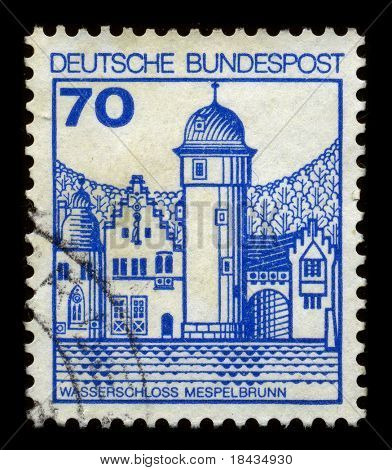 GERMANY - CIRCA 1977: A stamp dedicated to the Mespelbrunn Castle is a medieval moated castle on the territory of the town of Mespelbrunn, between Frankfurt and Wurzburg, circa 1977.