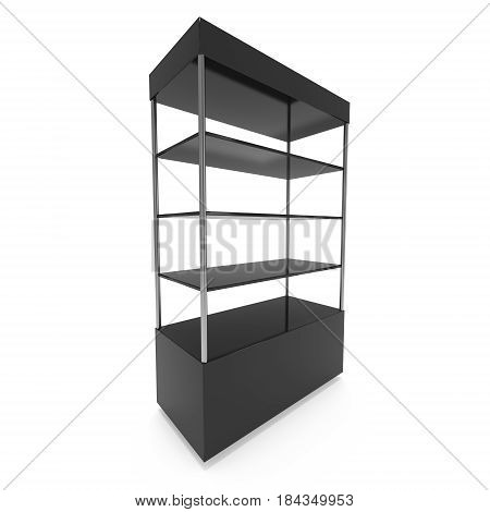 Empty showcase with glass shelves for exhibit. 3D render illustration isolated on white background. Trade show booth black pedestal for expo design.