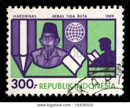 INDONÉSKÁ republika - cca 1989: Razítko věnované indonéské Národní vzdělávací den nebo ab
