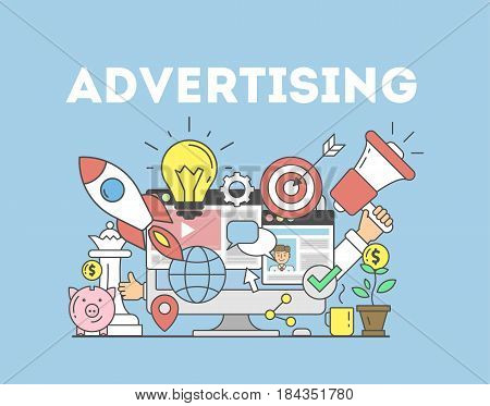Advertising concept illustration. Signs and icons on blue background.