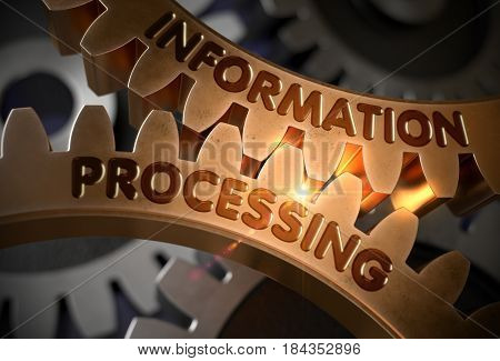 Information Processing - Illustration with Glow Effect and Lens Flare. Information Processing on Mechanism of Golden Gears with Glow Effect. 3D Rendering.