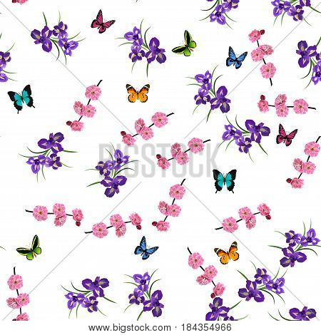 Very high quality original trendy vecotr seamless pattern with Purple Iris and plum flowers