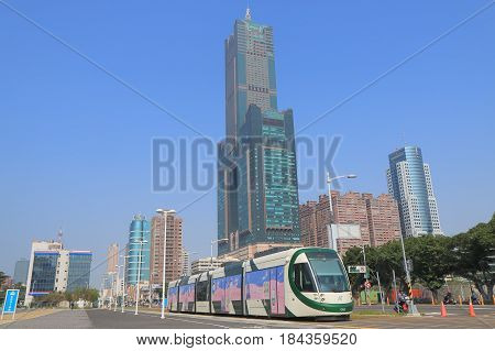 KAOHSIUNG TAIWAN - DECEMBER 15, 2016: Light Rail transit LRT train runs through downtown Kaohsiung.