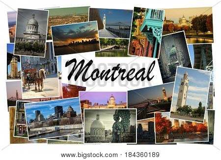 Collage of images from famous location in Montreal, Canada with copy space in the middle with the word Montreal on white background