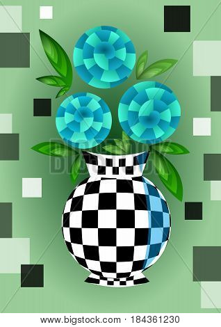 Cubist bouquet with orange flowers, 3d effect optical illusion, decoration on green background, nice spring or summer illustration, vector EPS 10