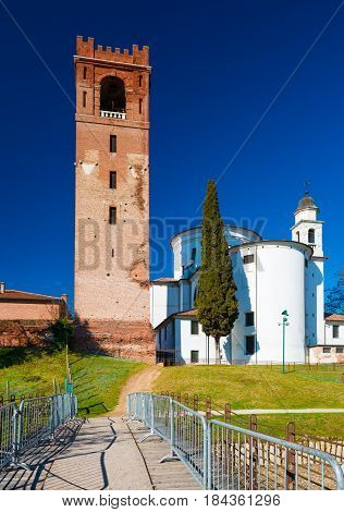 Castelfranco Veneto - February 2017, province of Treviso comune of Veneto, Italy: View of Catholic church and the old bell tower in Castelfranco, walled town in Northern Italy