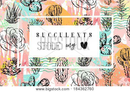 Hand drawn vector abstract creative header with succulents flower, cacti plants and modern calligraphy quote Succulents stole my heart in pastel color isolated on white background.Wedding, save the date