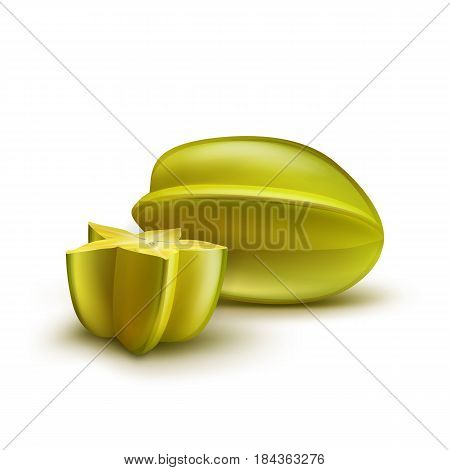 Vector whole and half cut green, yellow ripe carambola isolated on white background