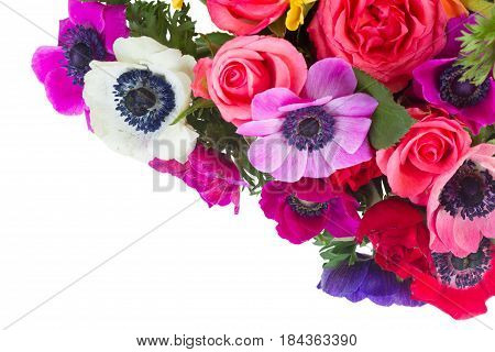 Fresh colorful anemones and roses flowers isolated on white background