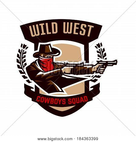 Emblem, logo, cowboy shooting from two revolvers. Wild west, a thug, Texas, a robber, a sheriff, a criminal, a shield. Vector illustration printing on T-shirts